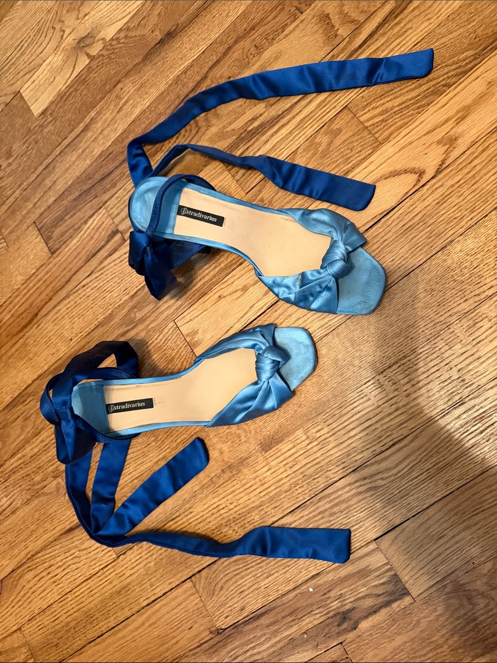 stradivarius Bright Blue Satin Ankle Tie Heels